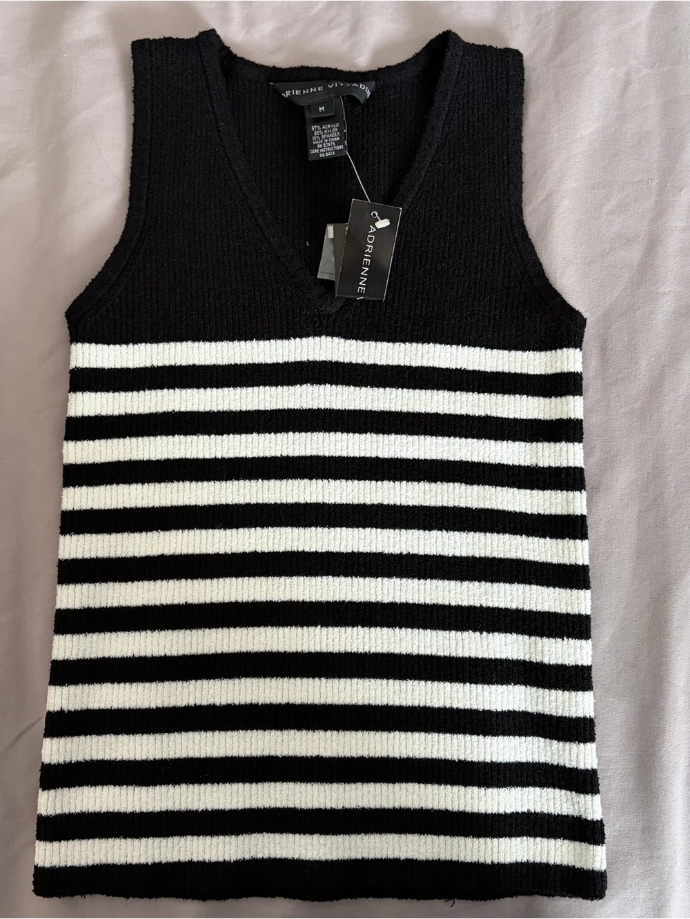 Adrienne Vittadini Women’s Black & White Striped V-Neck Sweater Vest